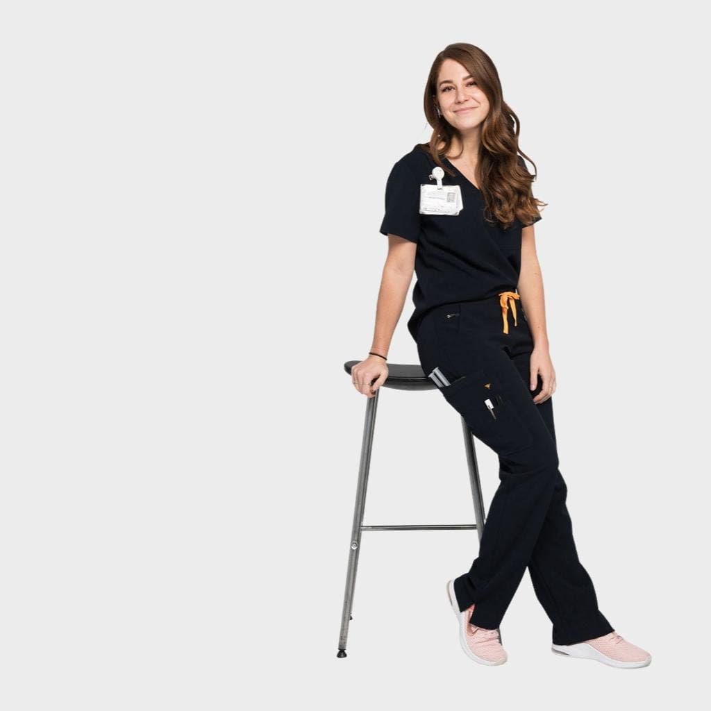 Relaxed fit classic black scrub pants for women nurses and medical professionals.