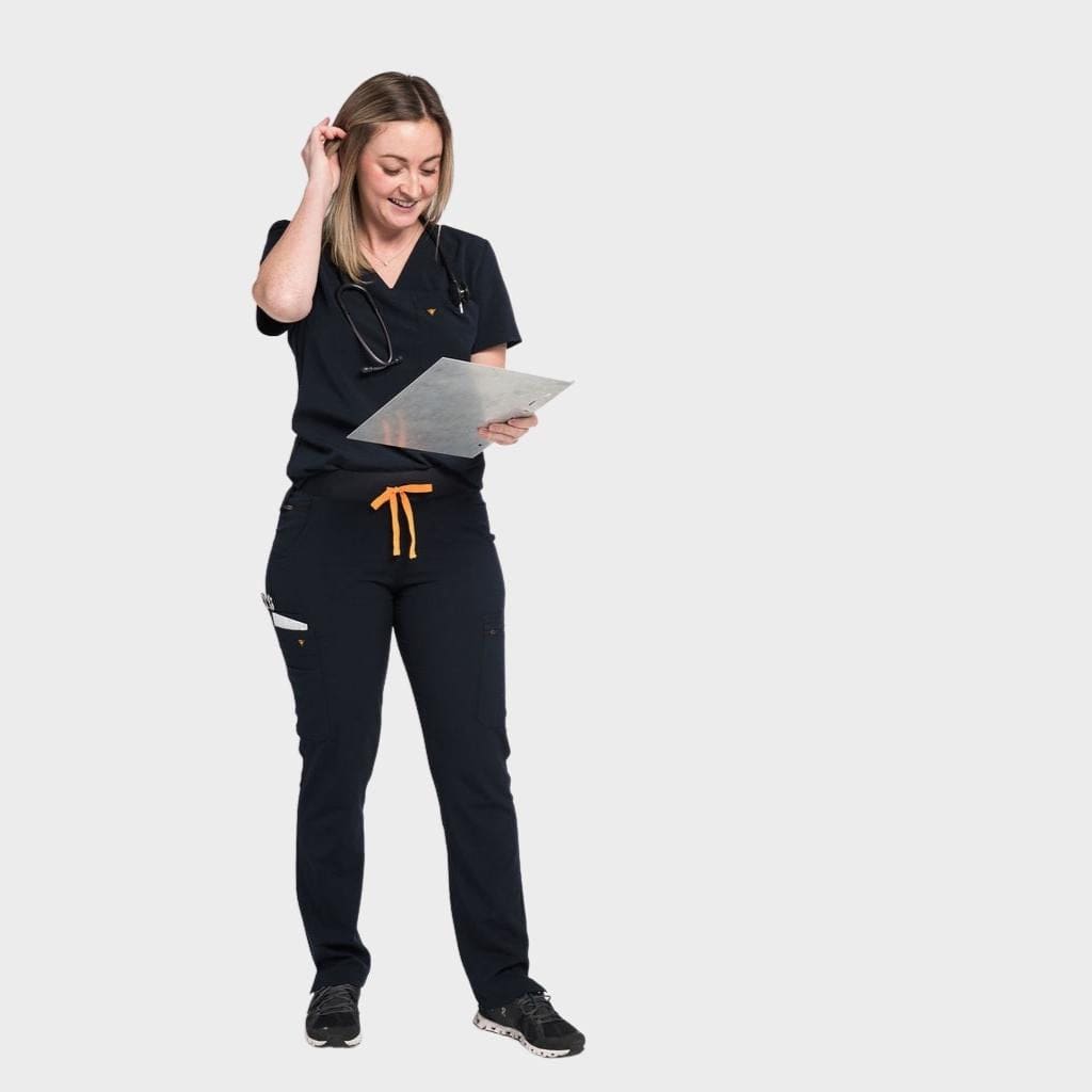 Slim and flattering fit scrubs pants for women in black- the pfeiffer slim fit scrubs pants.
