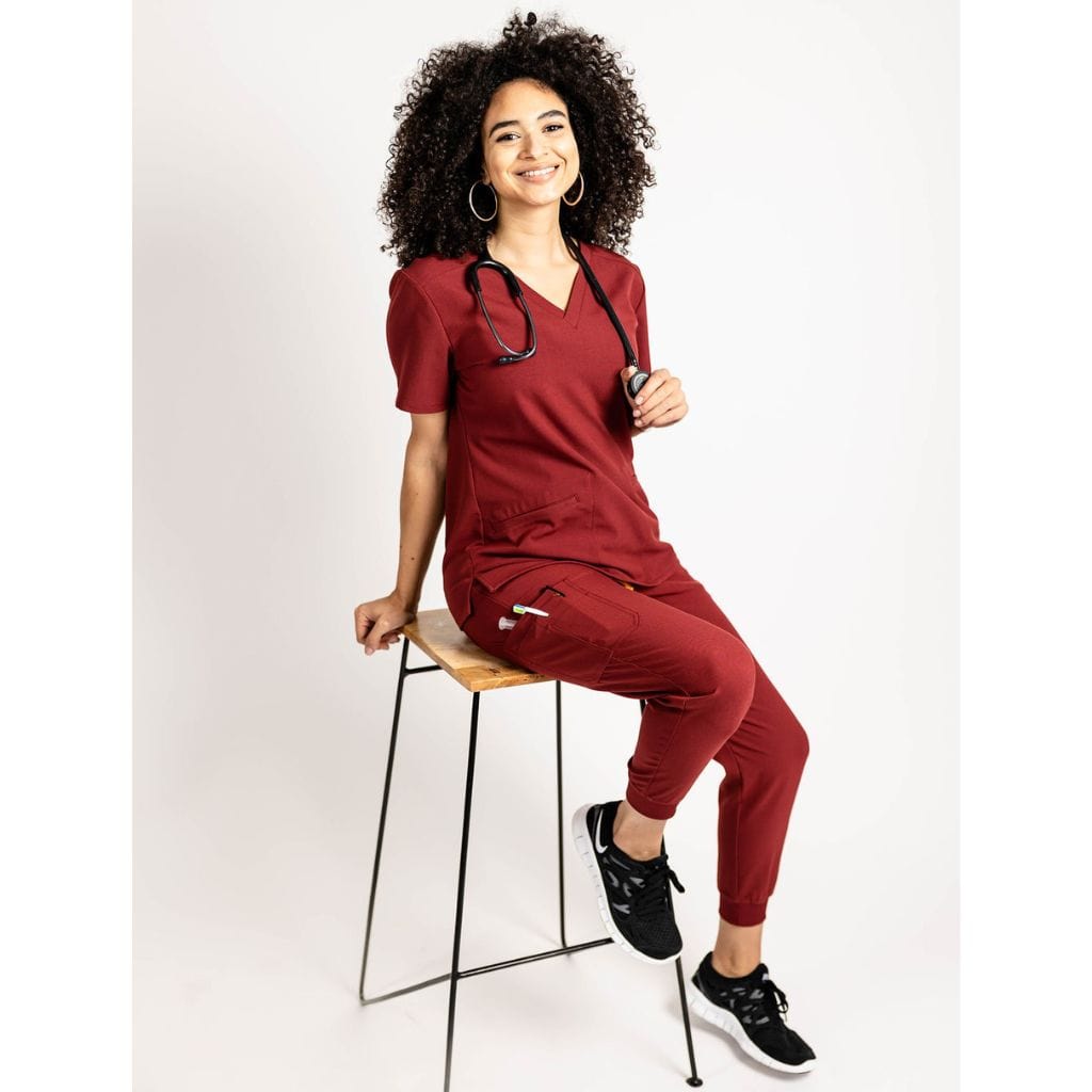 burgundy jogger scrubs for women
