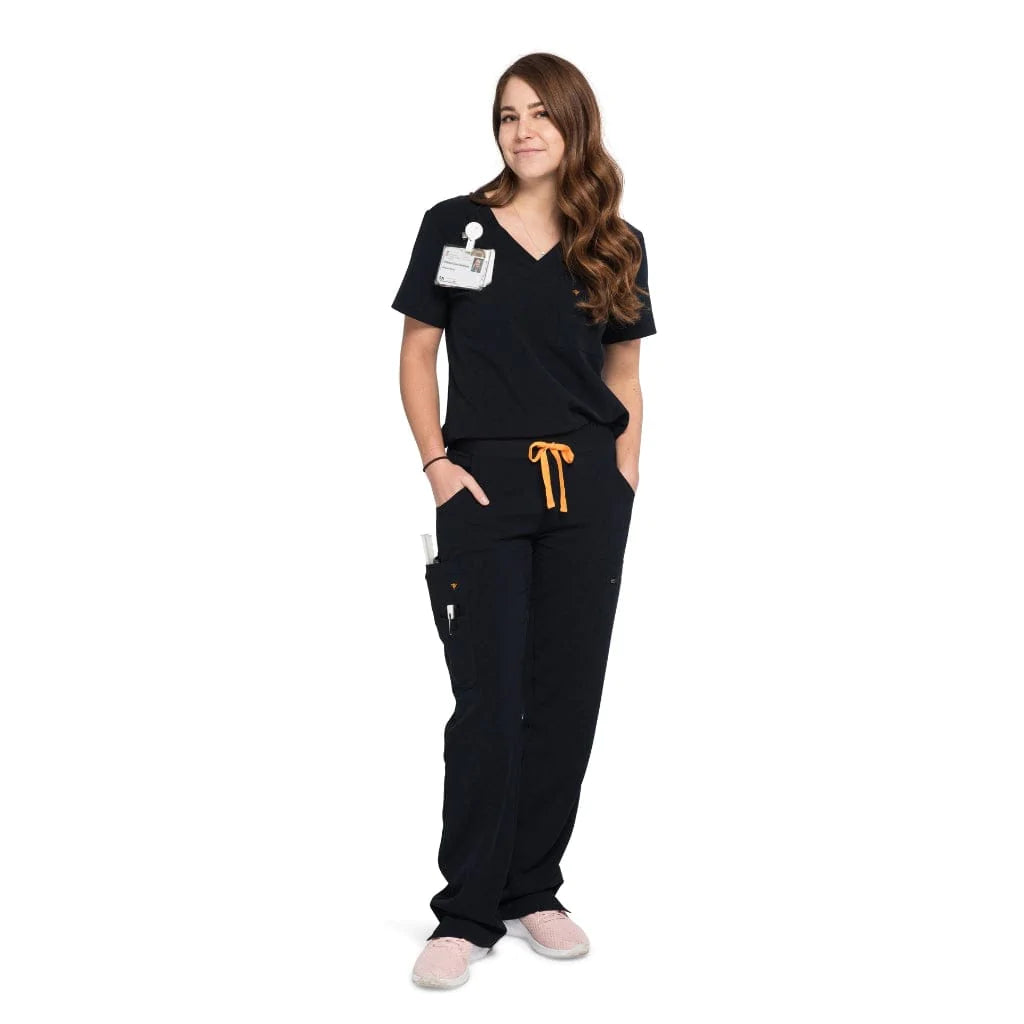 Full body picture of the the Bodie scrub pants in black.