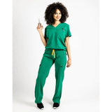 Full body picture of the the Bodie scrub pants in hunter green.