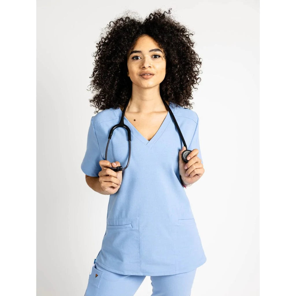 The Caswell - Ceil Blue Two-Pocket Scrub Top for Women