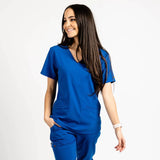 Upper front picture of the the Caswell scrub top in royal blue.