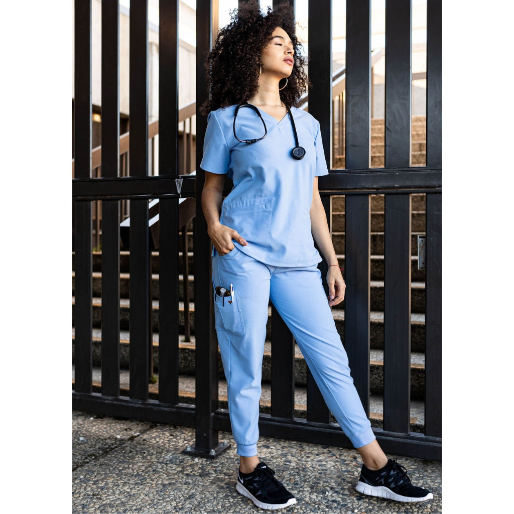 Ceil blue jogger scrubs for women.