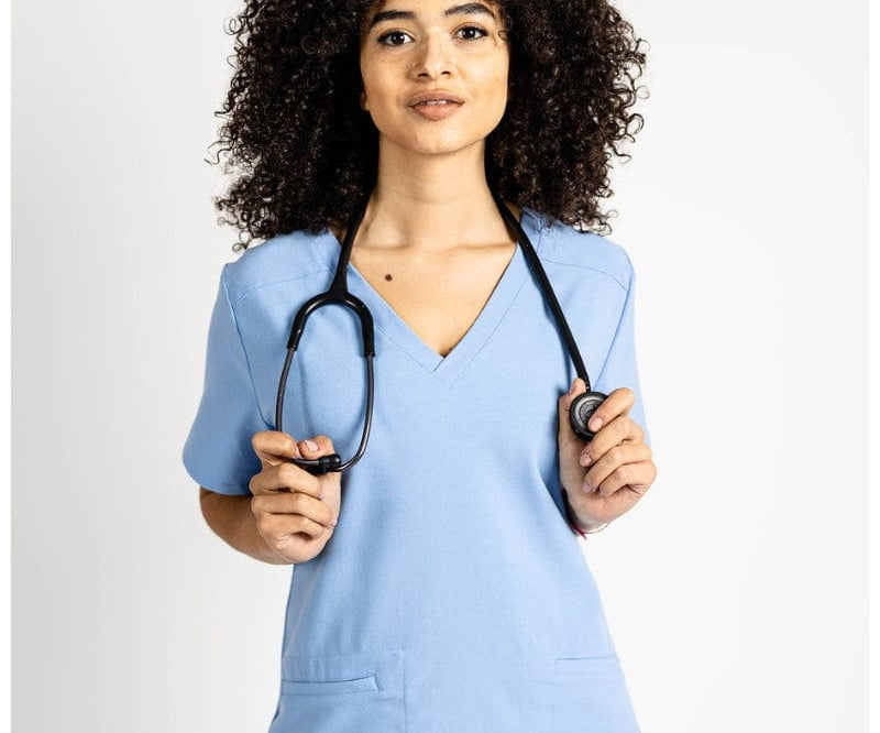 ceil blue scrubs for women with two (2) waist pockets.