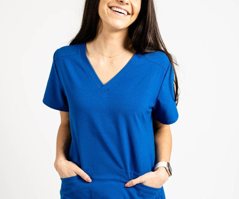 royal blue v-neck scrub top for women. scrub top with pockets. 