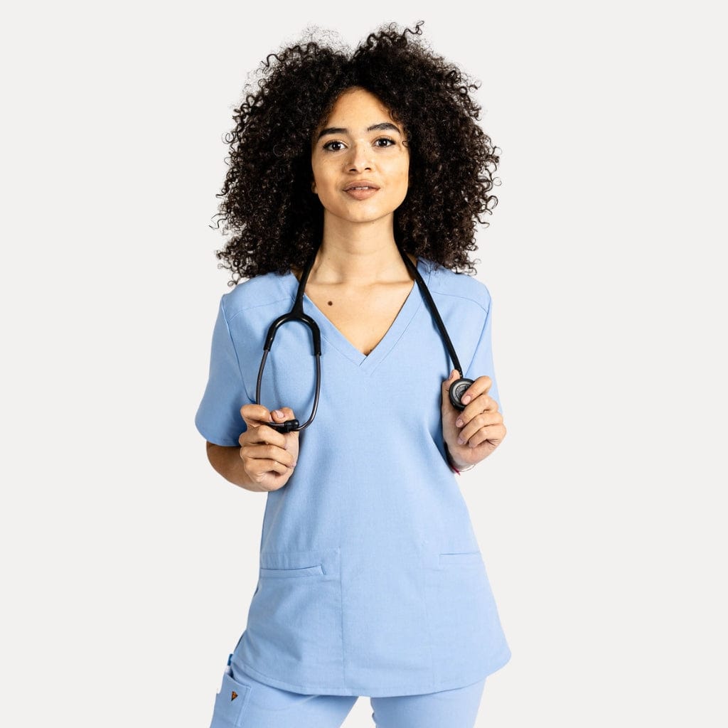 two pocket scrub top for women in light blue