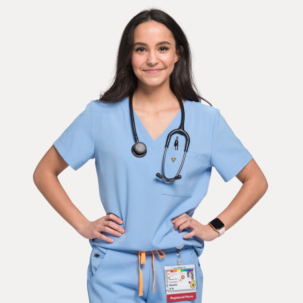 one pocket scrubs top for women in ceil blue