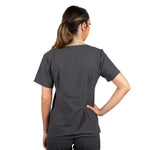 Center back picture of the Caswell scrub top in charcoal gray.