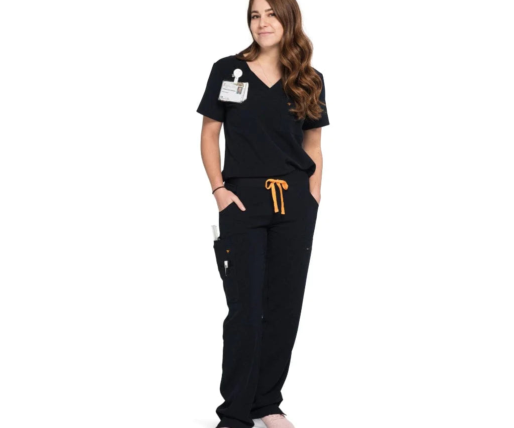 Full body picture of the the Bodie scrub pants in black.