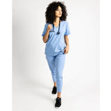 Full body picture of the the Hatton jogger scrub pants in ceil blue.