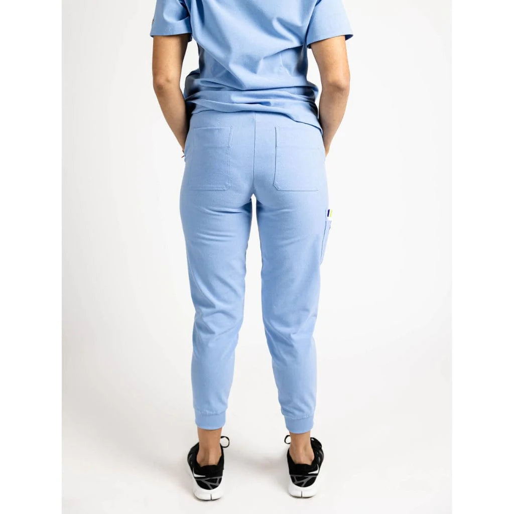 Back side picture of the the Hatton jogger scrub pants in ceil blue.