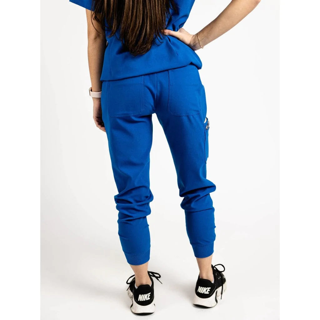 Back side picture of the the Hatton jogger scrub pants in royal blue.