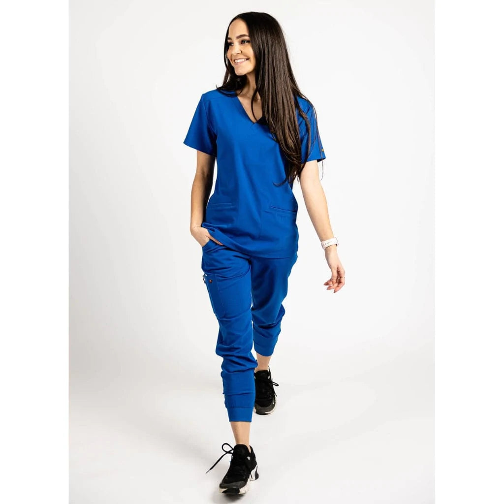 Full body picture of the the Hatton jogger scrub pants in royal blue.