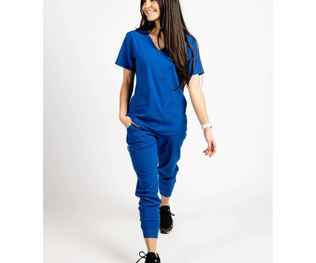 Full body picture of the the Hatton jogger scrub pants in royal blue.