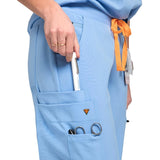 Pocket close up detail picture of the the Pfeiffer scrub pants in ceil blue.