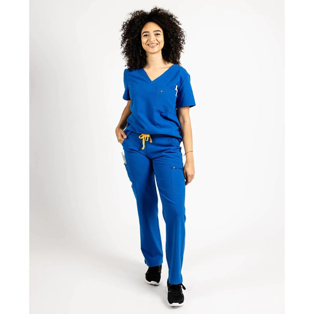 Full body picture of the the Pfeiffer scrub pants in royal blue.