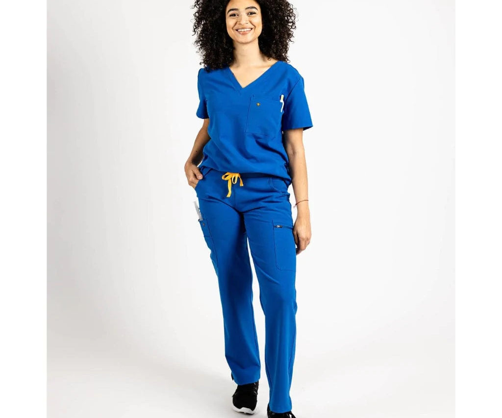 Full body picture of the the Pfeiffer scrub pants in royal blue.
