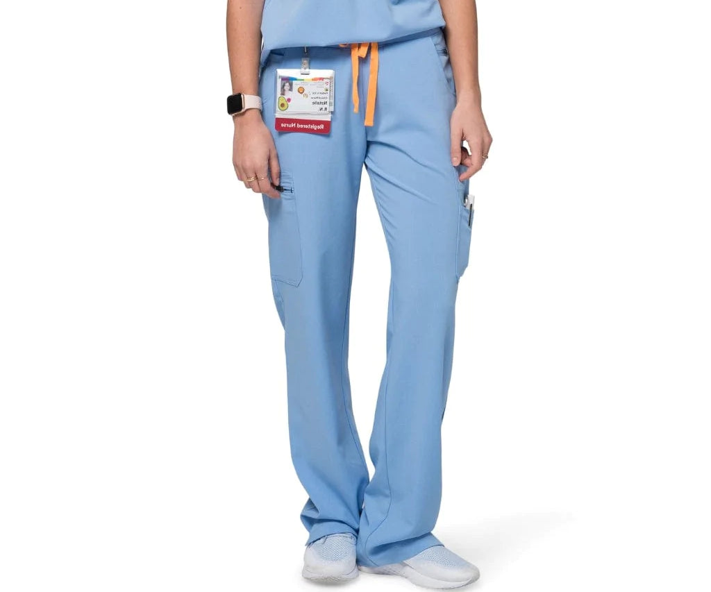 Front picture of the the Bodie scrub pants in ceil blue.