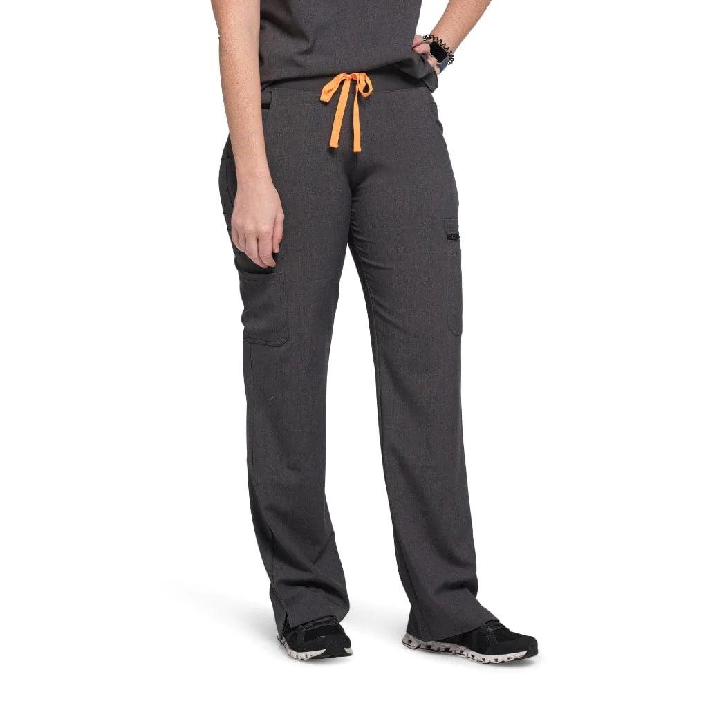 Lower front picture of the the Bodie scrub pants in charcoal gray.