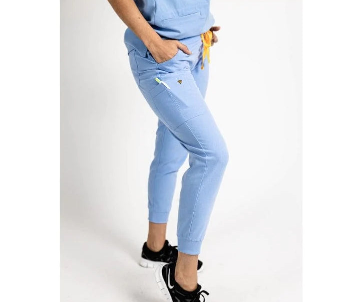 Lower body picture of the the Hatton jogger scrub pants in ceil blue.