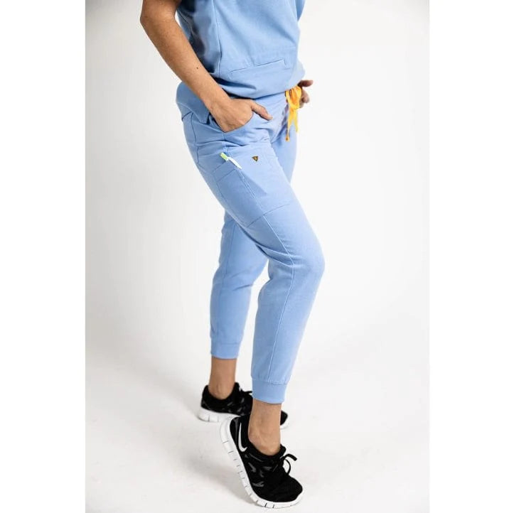 Lower body picture of the the Hatton jogger scrub pants in ceil blue.