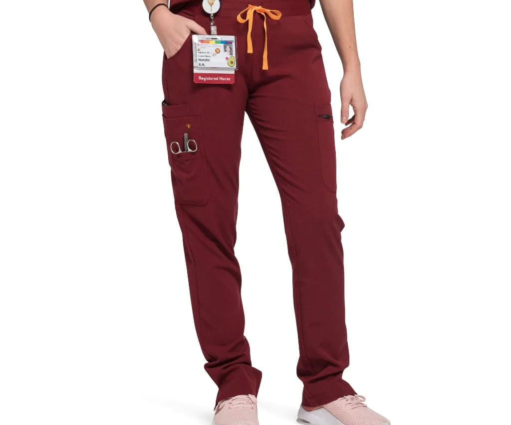 Lower front picture of the the Pfeiffer scrub pants in burgundy.
