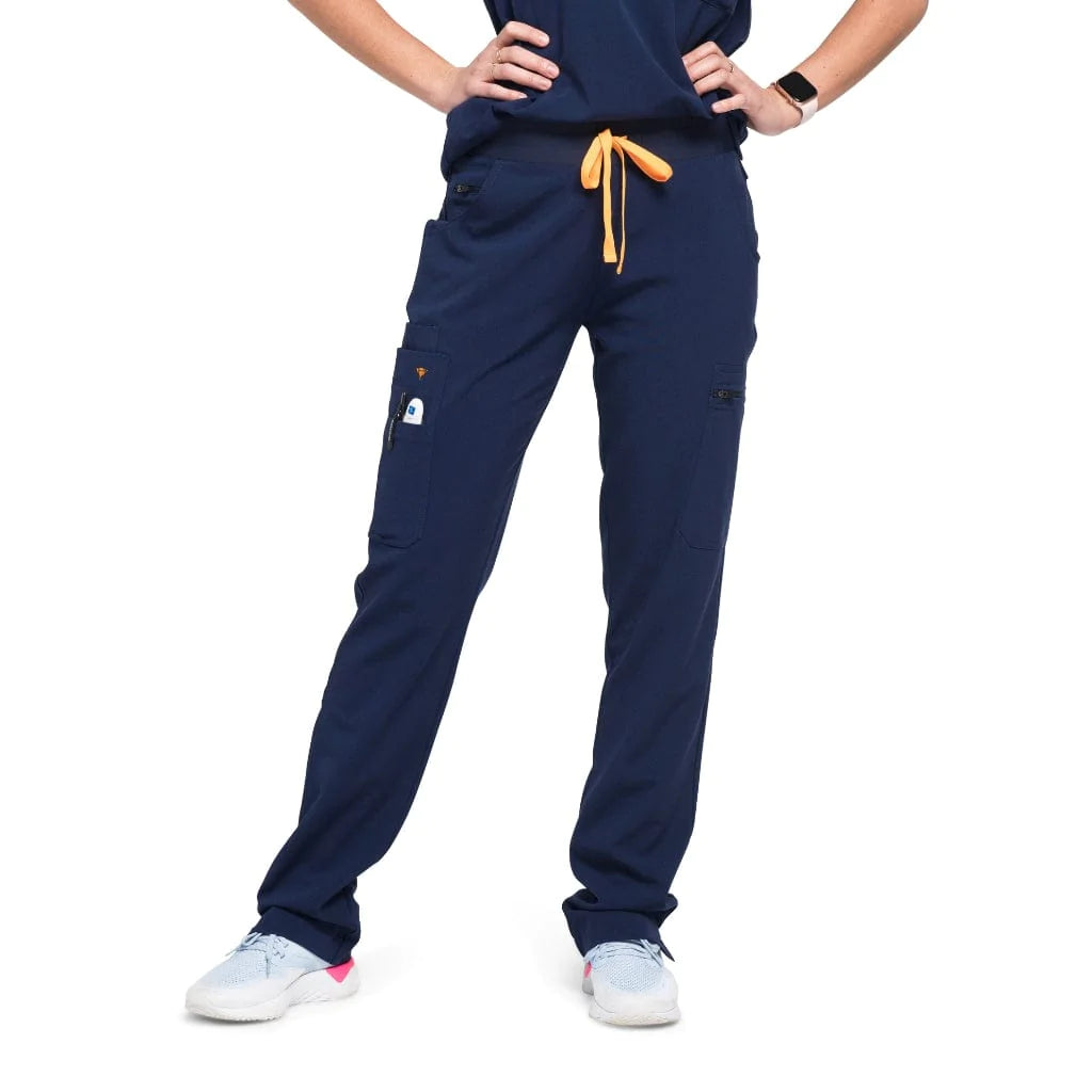 Lower front picture of the the Pfeiffer scrub pants in navy blue.