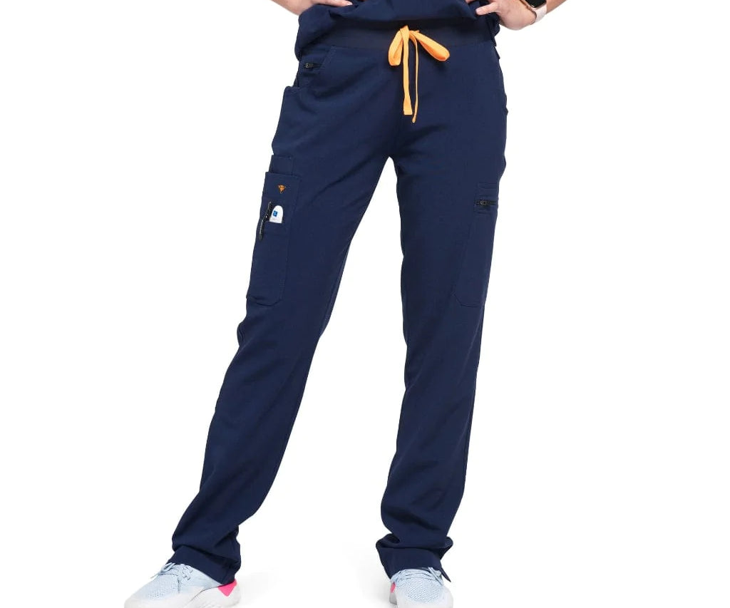 Lower front picture of the the Pfeiffer scrub pants in navy blue.