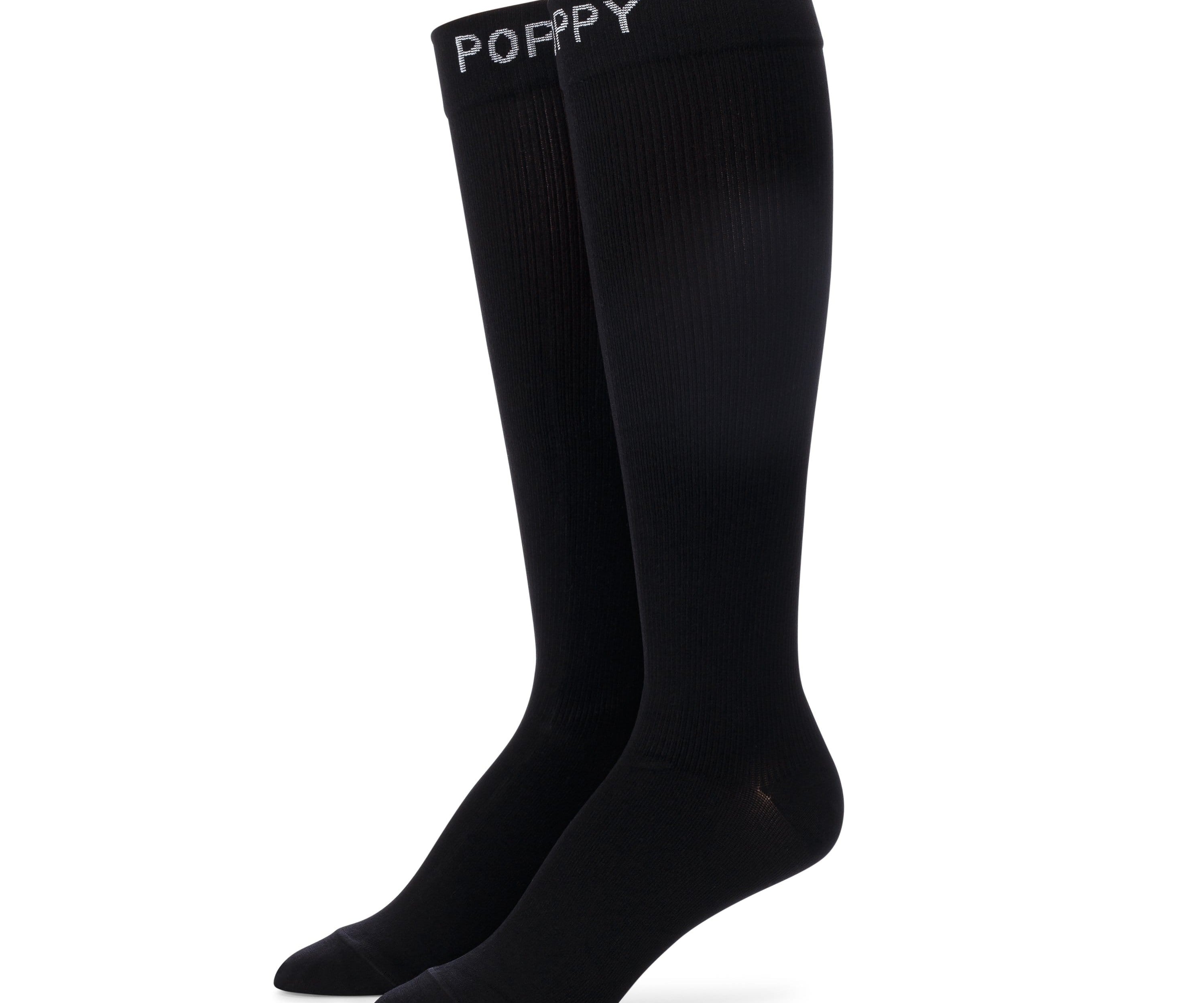 Standing detail photo for premium black compression socks.