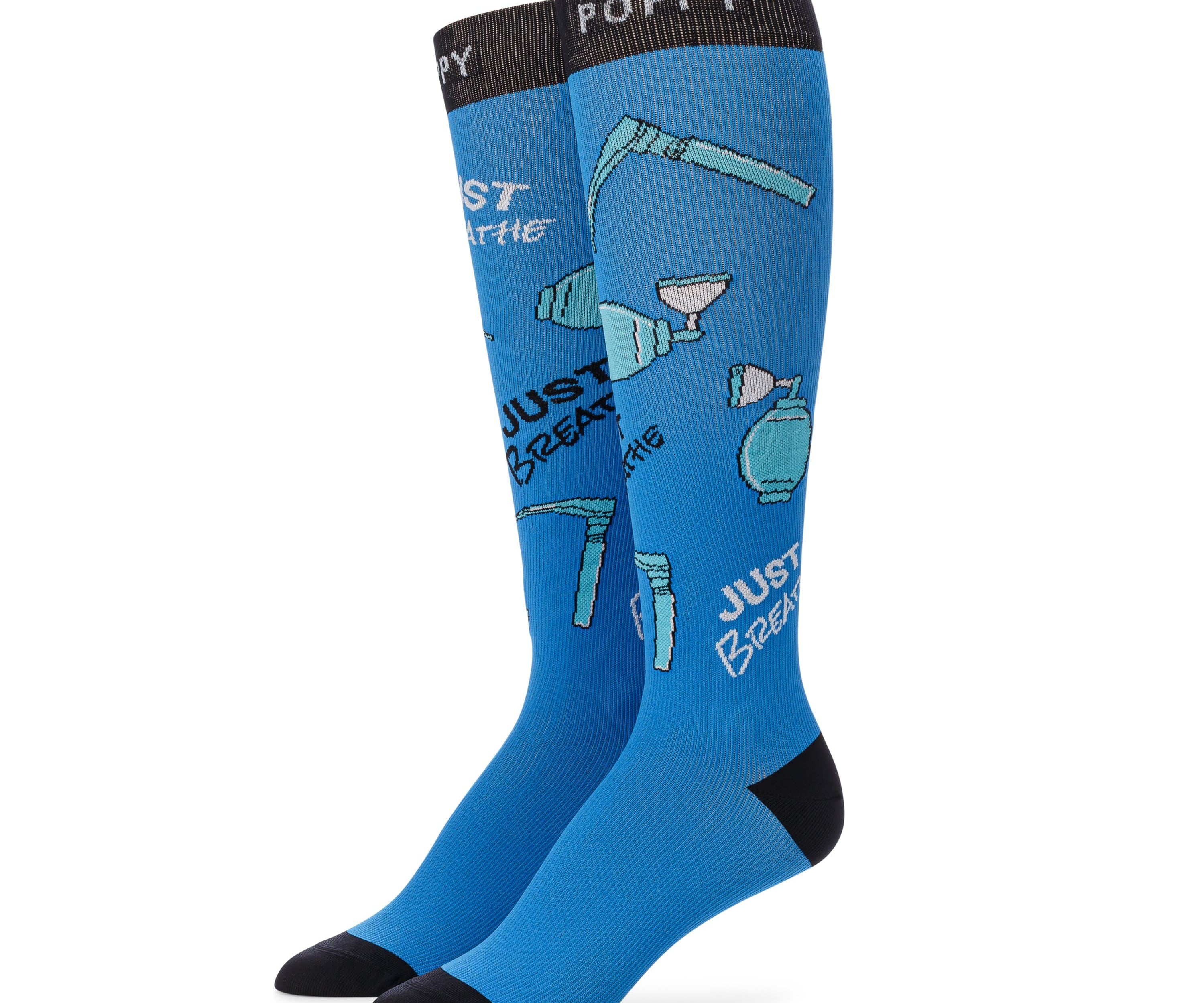 Standing detail photo for just breathe compression socks.
