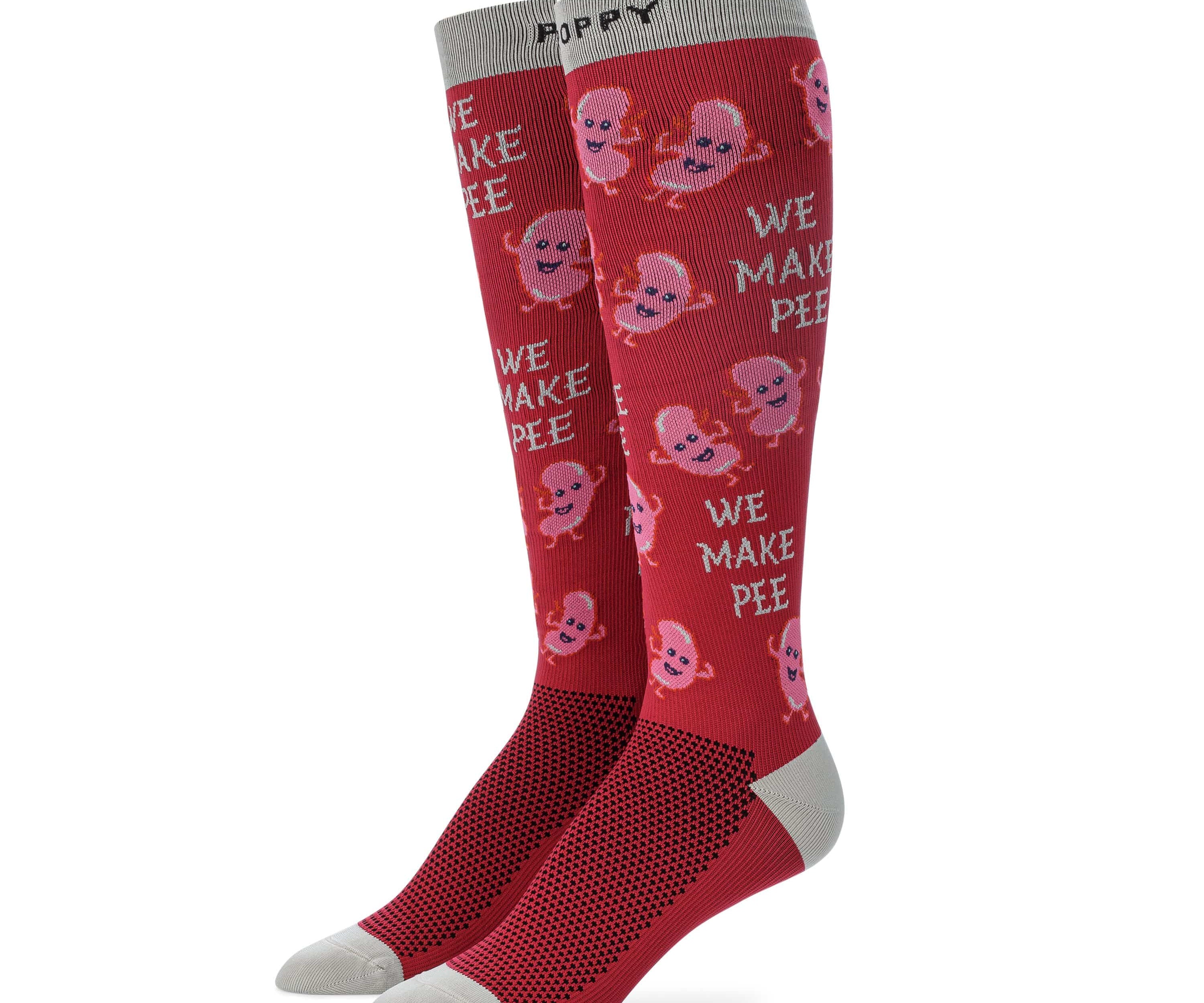Standing detail photo of We Make Pee compression socks.