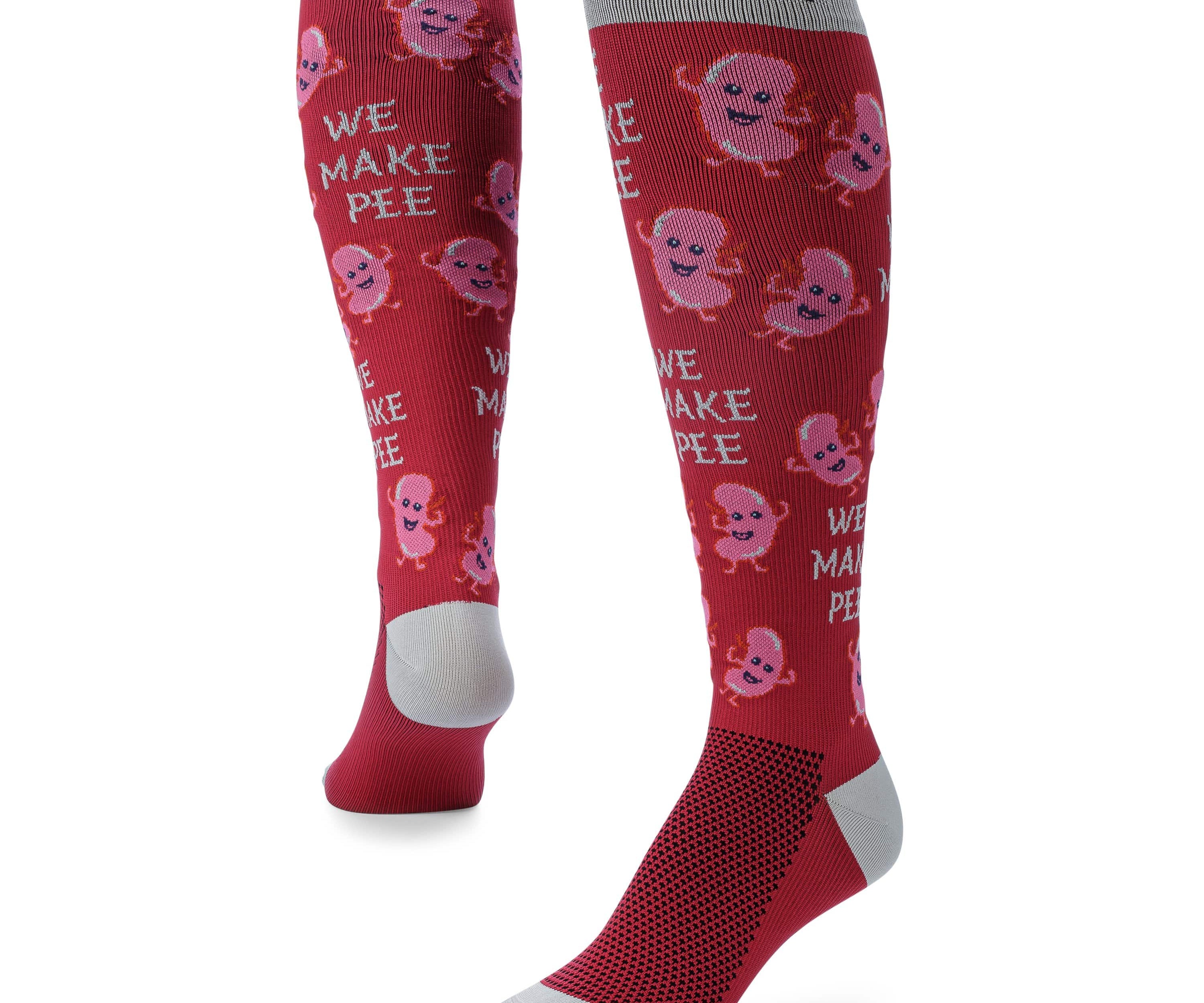 Ankle and heel detail photo of We Make Pee compression socks.