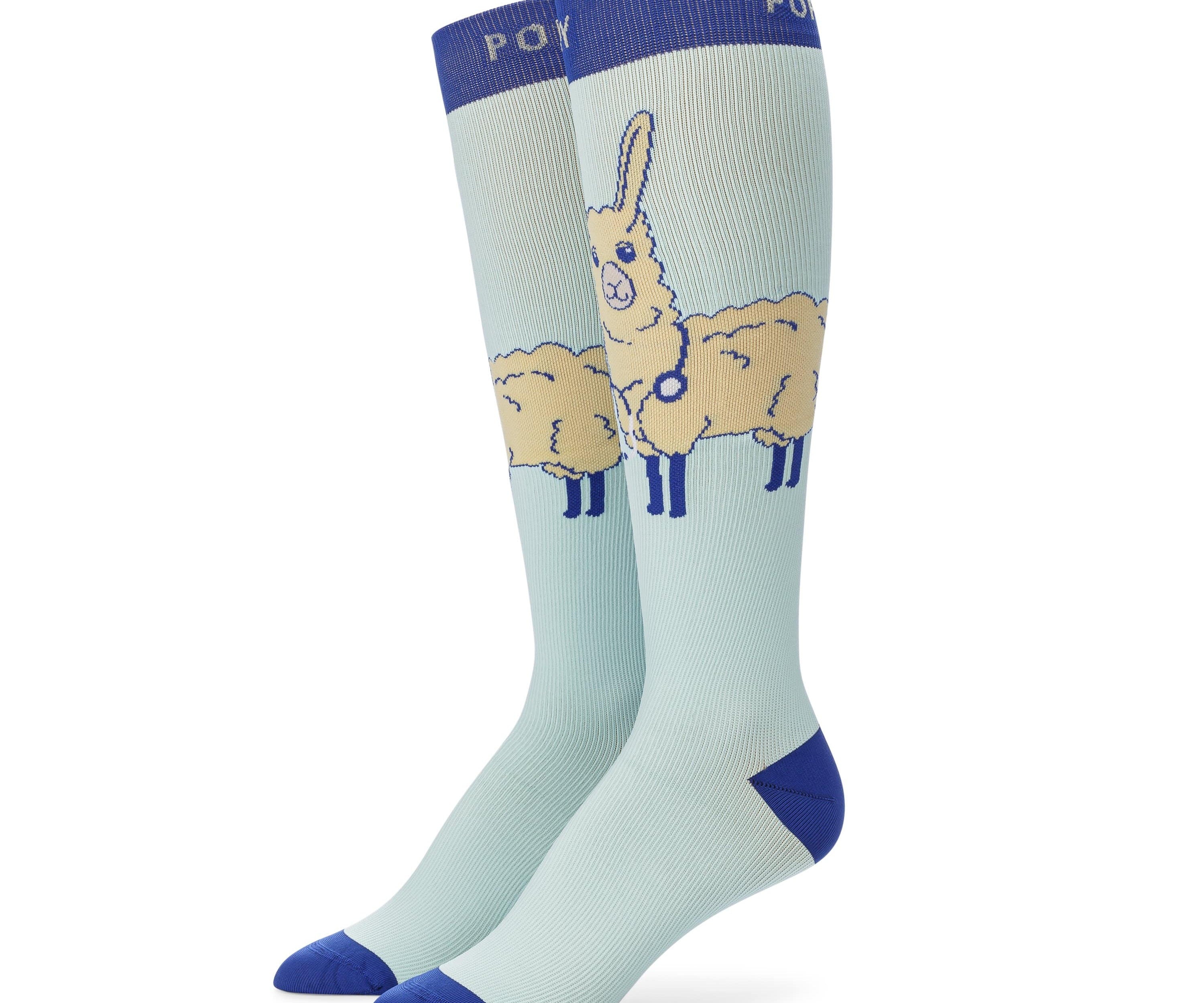 Standing detail photo for Trauma Llama compression socks.