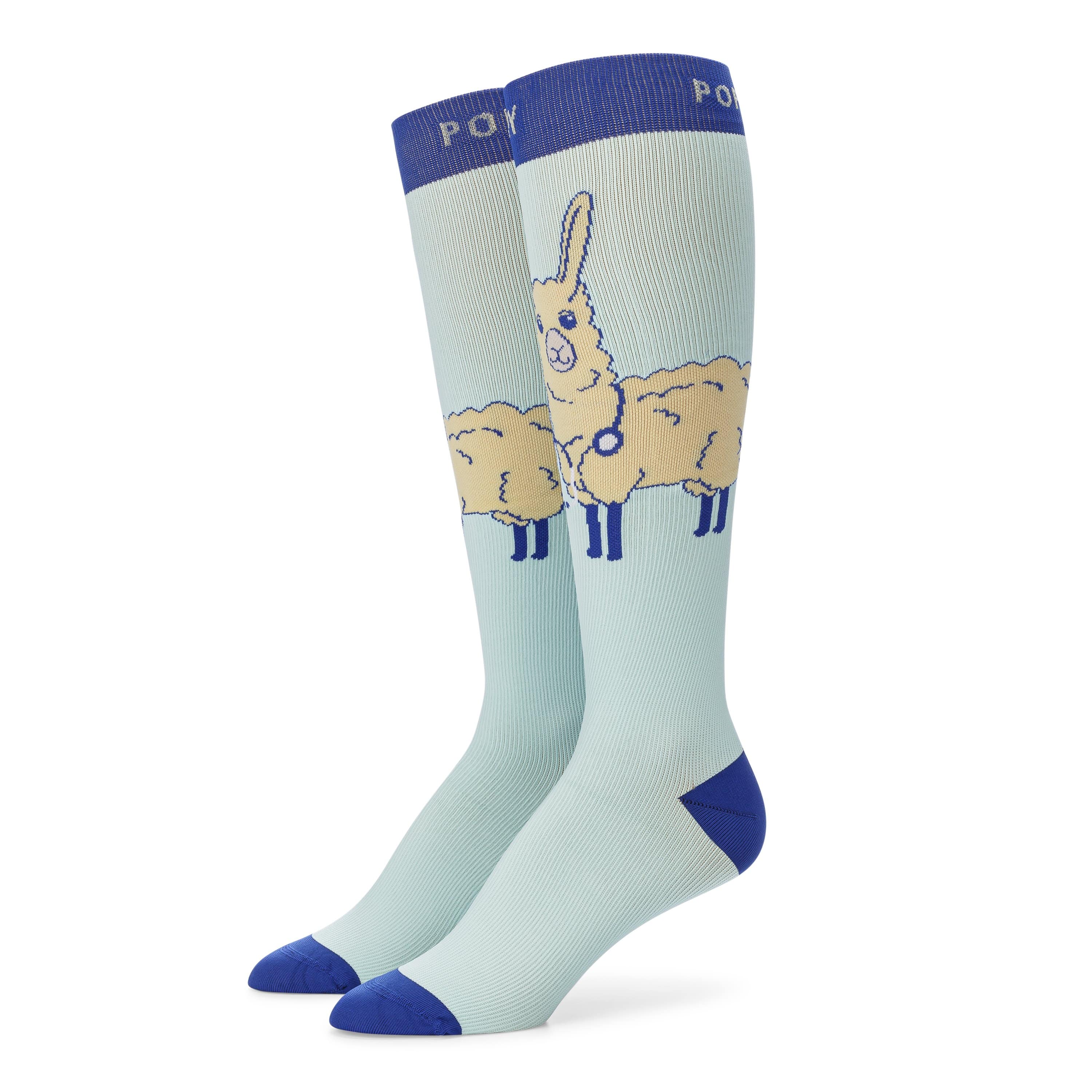 Standing detail photo for Trauma Llama compression socks.