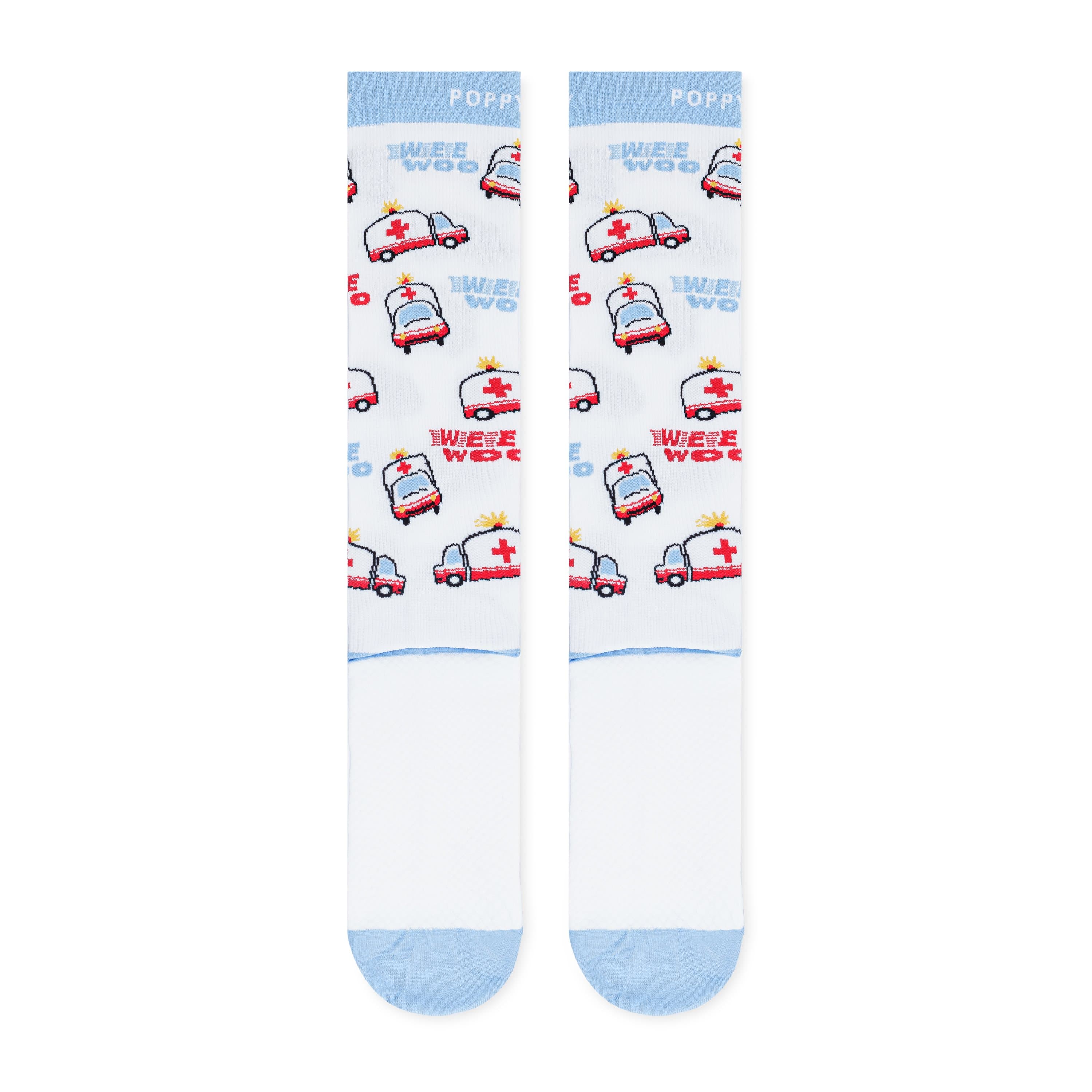 Laydown flat detail photo of Wee Woo compression socks.