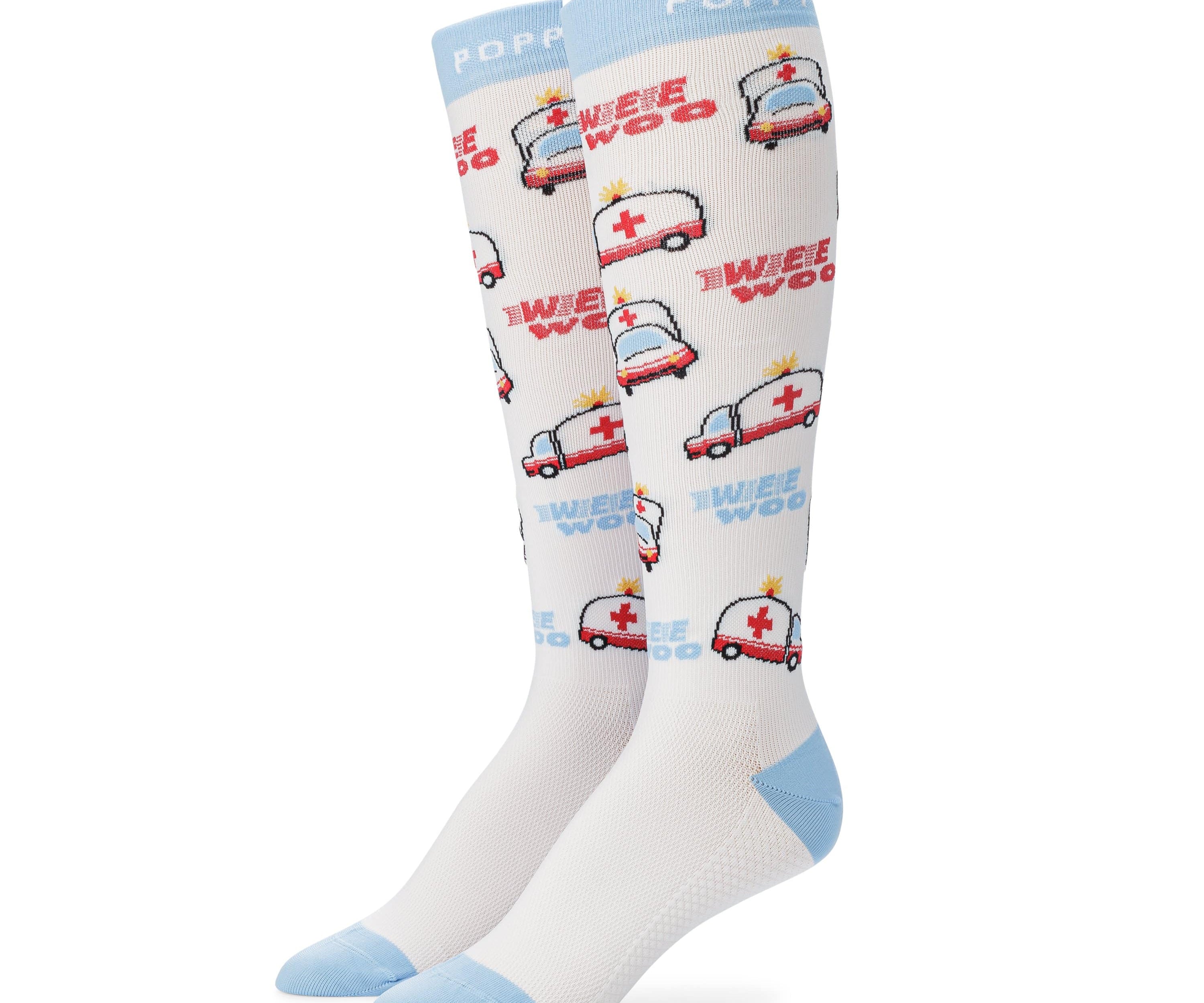 Standing detail photo of Wee Woo compression socks.