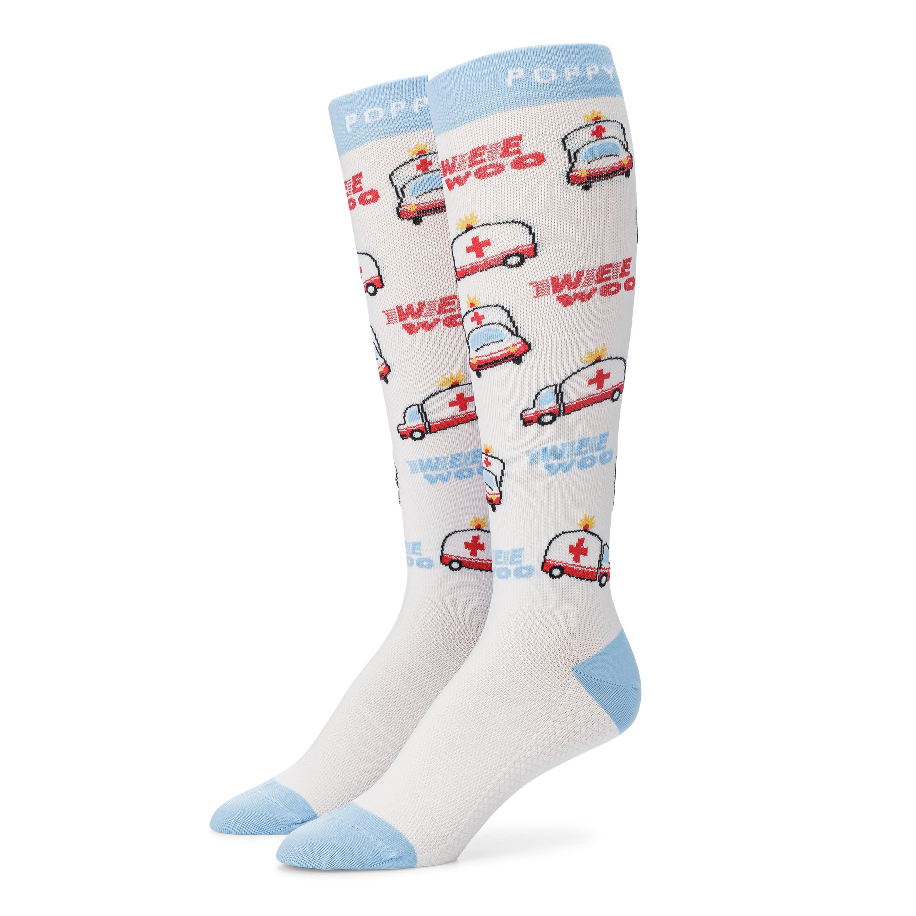 Standing detail photo of Wee Woo compression socks.
