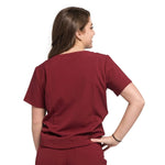 Back side picture of the the Caswell scrub top in burgundy.