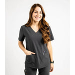 Upper front picture of the the Caswell scrub top in charcoal gray.