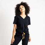 Upper front picture of the the Caswell scrub top in black.