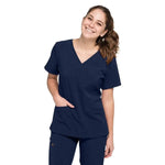 Upper front picture of the the Caswell scrub top in navy blue.