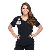 Front shot of the wilder one-pocket scrub top in black.
